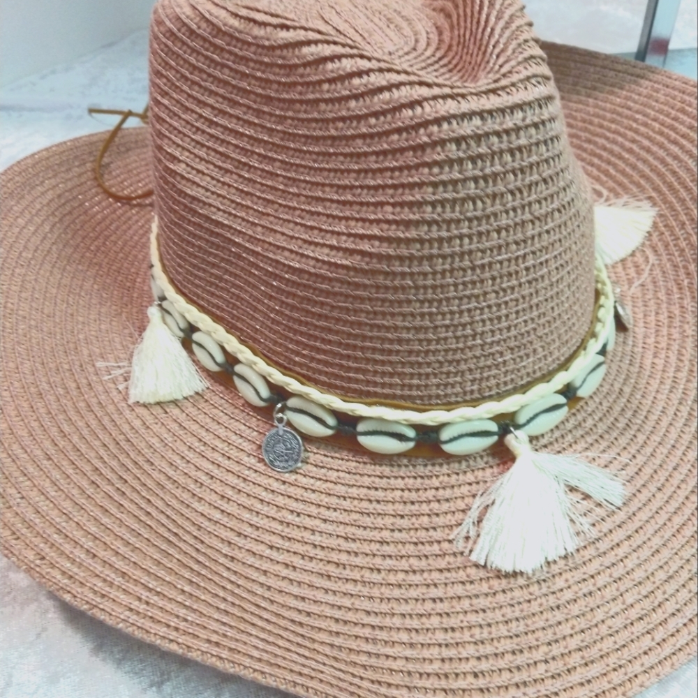 Unisex Woven Western Straw Beach Sun Hat Cowrie Cowry Shells Tassels Folds Mauve - Picture 5 of 9